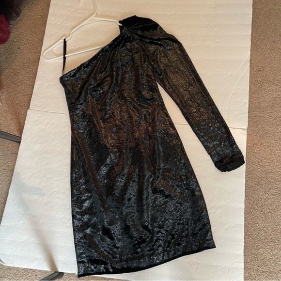 BCBGMaxAzria One Shoulder Metallic Black BodyCon Party‎ Event Dress NWT Size 0 - Picture 2 of 14